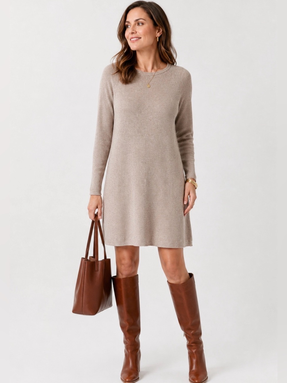 Banana Republic Ribbed Sweater Dress Medium Beige Taupe Long Sleeve Knit
